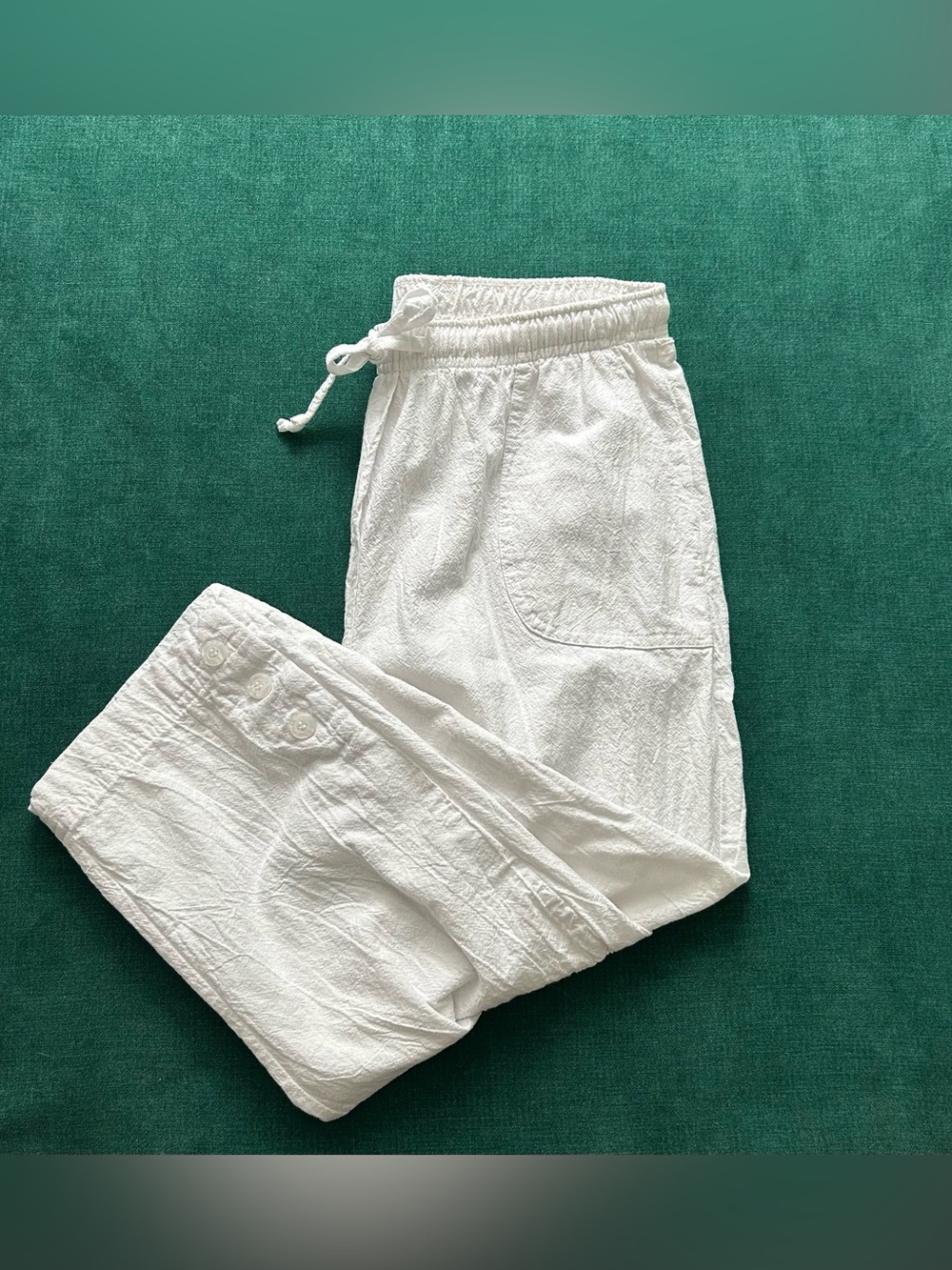 White 100% Cotton Capri Pants Sz S Elastic Waist Pockets Rebecca Malone